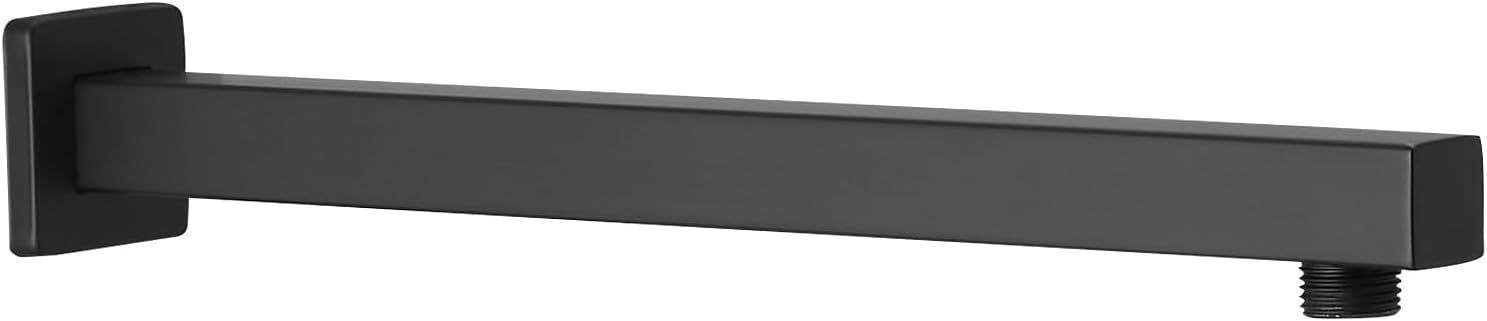 BESy 14 Inches Straight Extended Shower Arm With Flange, Rain Shower Head Extension Arm, Square Shower Rod Shower Head Extender Arm Shower Pipe Extension, Wall-Mounted Matte Black Stainless Steel