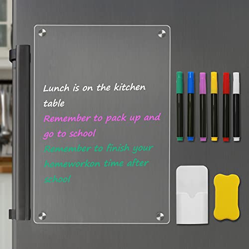 Clear Acrylic Dry Erase Board for Fridge, 12”×8” Magnetic Weekly Meal Planner, Kitchen Menu Planner Board for Refrigerator Includes 6 Colors Markers, Pen Container and Erase