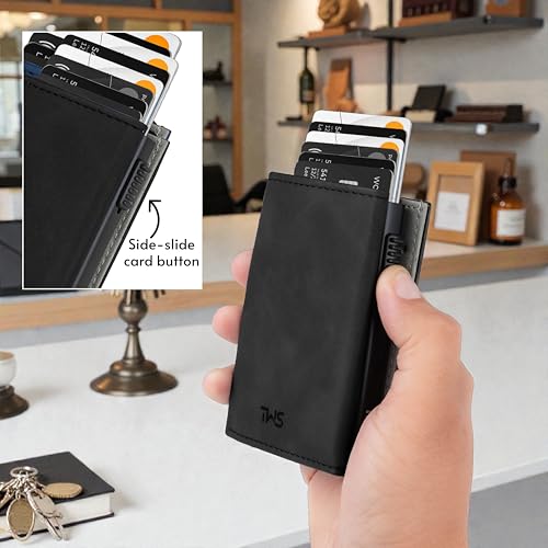 Image of The Wallet Store SlideX Neo RFID-Protected Pop-Up Card Holder Wallet for Men | Minimalist Leather Smart Wallet with Quick Access Ejector | Compact Dual-Color Card Case | Holds 6-10 Cards (Black)