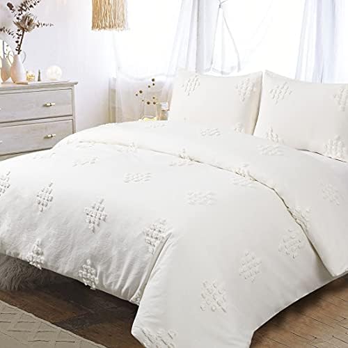 YINFUNG Ivory Duvet Cover Boho Queen Cream Cotton Tufted Textured Diamond Moroccan Clipped Dot Boho Chic Geo 3 Piece Bedding Set Bohemian 90x90 Off White Quilt Cover