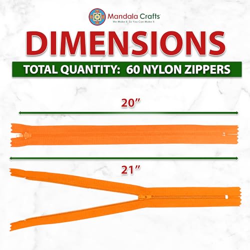 Image of Mandala Crafts 60 PCs Orange Closed-End 20 Inches Nylon Zippers for Sewing