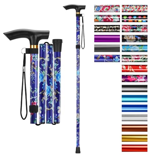supregear Bastón Plegable, 5 Niveles de Altura Ajustable, Ligero y Portátil para Viaje, Mango en T y Pulsera, Extensible para Personas Mayores y Adultos con Discapacidad, Azul Oscuro Floral