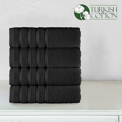 Image of Elegant Comfort 100% Turkish Cotton 4 Lines Viscose Stripe Luxury 4 Pack Hand Towel Set - Ultra Absorbent and Soft 16 x 28 Inch Premium Hotel Spa Quality Towels for Everyday Bath Use, Black