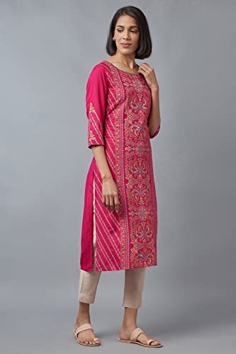 Image of W for Woman Viscose Women Dark Floral Pleated Regular Kurta in Round Neck