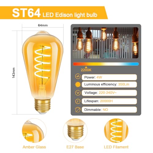 ILEEDear Ampoule E27 LED Filament Flexible en Spirale ST64, Lampe Vintage 4W 350Lm, Rétro Edison en Verre Brun, 2200K Blanc Chaud, Non-Dimmable, Lot de 4 – vue 2