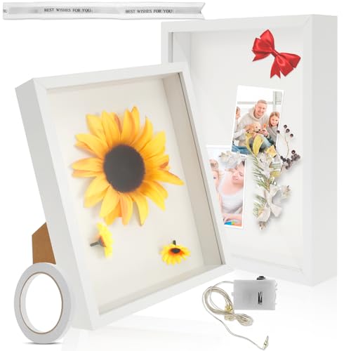 2 Pcs Shadow Box Frame for Crafts 3D Deep 20x25 Cm Picture Frame Wooden Display Cases Decorative Multifunctional Shadowbox Picture Frame with Light Strip for Memorabilia Tickets Crafts Medal Flower