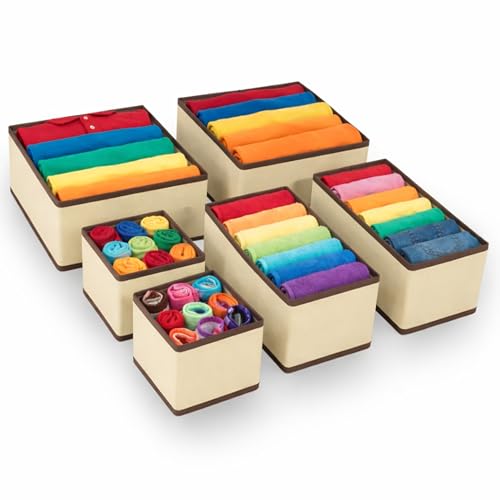 Image of Skrill 6-Piece Foldable Cloth Storage Box Set | Cube Baskets, Bins & Dividers for Closet & Dresser Drawer Organization | Storage for Shirts, Pants, Underwear, Bras, Socks, Inners & More (Beige)