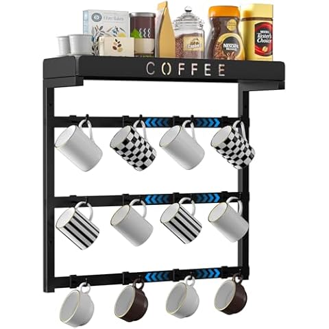 ZDDLOINP Aluminum Alloy Coffee Mug Holder Wall Mounted with 12 Movable Hooks, Coffee Cup Holder with Top Shelf for Coffee Beans, Sugar Jar, Mug Rack for Home Kitchen Display and Collection Cover