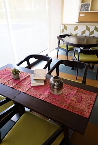 Image of Indian Traditional Decorative Silk Table Runner Kitchen Dining Good Luck Table Cloth for Wedding Bridal Birthday Party Decorations - 60x16 Inches (Dark Pink)