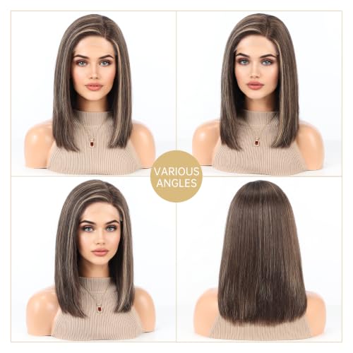 Image of KKU 100% Human Hair Wig, Lace Front Wigs Human Hair Side Part,Brown Mixed Blonde Wig Human Hair, Real Human Hair Wigs for Women(14Inch)