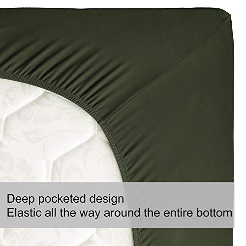 Image of Soft Stretch Queen Fitted Sheet Only - Jersey Knit & Cozy T-Shirt Like, 4-Way Stretchy Snug Fit & Wrinkle Free, No More Slipping Mattress Sheets - Dark Olive Green, Queen
