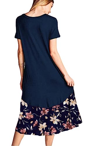 Image of Jayscreate Women's Casual Summer Dress Midi Length T Shirt Tunic Short Sleeve Crew Neck Long Beach Dress Loose Fit with Pockets Blue