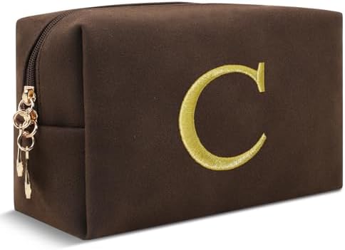 Personalized Initial Makeup Bag,Preppy Suede Cosmetic Bag for Teen Girls,Small Monogram Travel Toiletry Bag With Gold Embroidered Letter,Trendy Stuff Custom Christmas Gift for Women(Coffee-C)