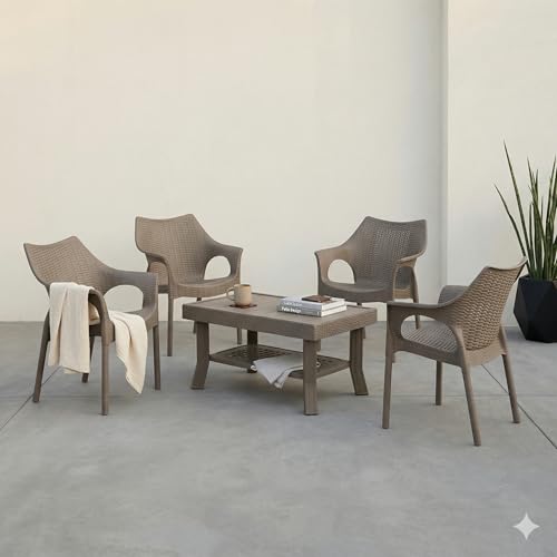 Image of Oaknest Supreme Cambridge with Vegas Plastic Outdoor Chair and Table Set | 4 Rattan Chairs + 1 Table | Weatherproof, Lightweight | Garden & Patio Use Champagne