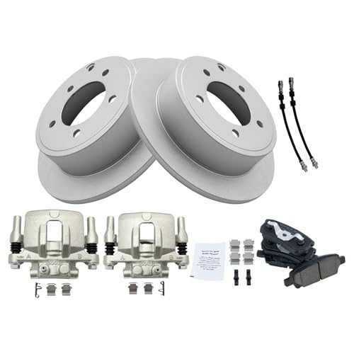Image of TRQ Rear Brake Pad and Rotor Set Ceramic Coated Rotors Calipers Compatible with 2011-2014 Chrysler 200 2007-2010 Sebring 2008-2014 Dodge Avenger 2007-2017 Jeep Compass Patriot