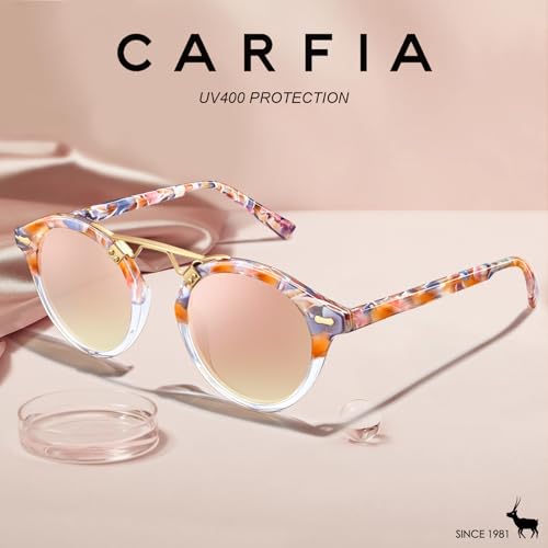 Image of CARFIA Double Bridge Small Acetate Sunglasses for Women Polarized, Retro Metal Brow Ladies Sunnies Fashion Round Eyewears