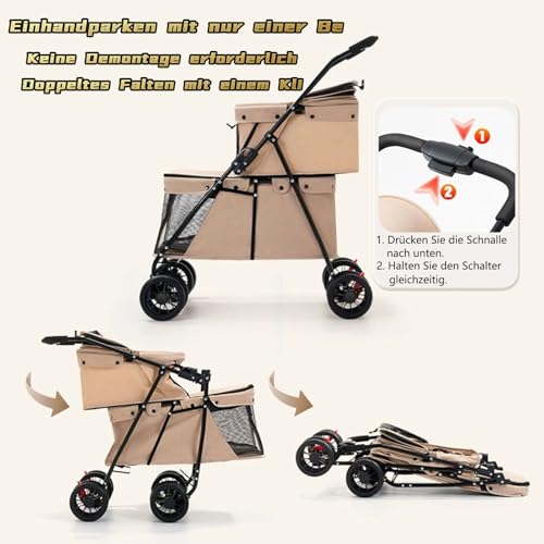 Faltbarer Hundewagen 2 Etagen, Haustiere Buggy Kann 24 kg Tragen, Hundebuggy mit Netzfenstern Sicherheitsgurt 4 Räder, Faltbar klappbar Katzenbuggy für 2 Kleine Hunde Katzen (Braun)