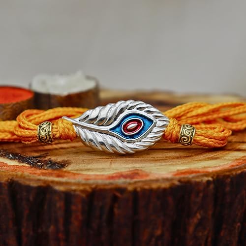 Image of 925 Sterling Silver Rakhi with Peacock Design for Brother, Handmade Orange Thread Rakhi for Raksha Bandhan Gift