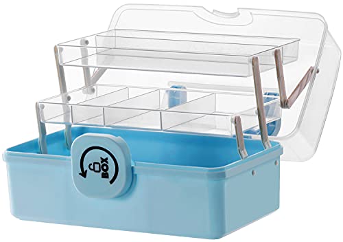 Sooyee Craft Organizers And Storage,Plastic Box With 3-Tier Fold Tray,Art Supply Storage Organizer Box,Sewing Box,Portable Lockable Container For Cosmetic, Toy, Washi Tape, Lego,Clear/Blue #TOP1