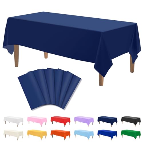 Image of Kopokita 6 Pack Navy Blue Plastic Tablecloths Disposable 54 x 108 Inch | Rectangle Table Cloths, Party Table Covers for Birthday, Picnic, Wedding, Graduation