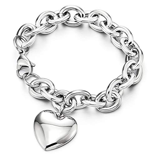 Rolo Kette Charm-Armband für Damen, Gliederarmband Edelstahlarmband mit Puff Herz, Poliert