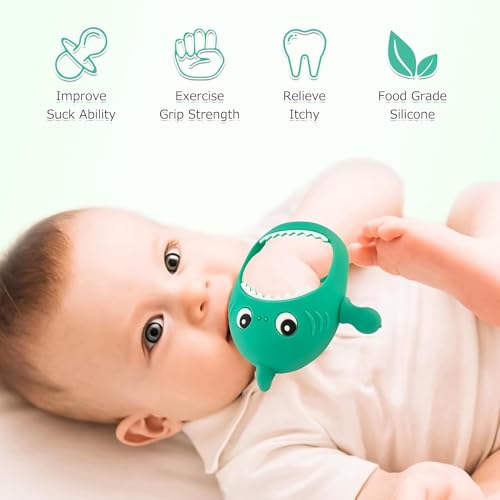 Image of Cute Shark Teething Mitten Toy for Babies, Never Drop Silicone Baby Teether, Hand Pacifier for Babies to Suck and Chew (Green)