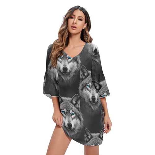 Robe de plage loup gris yeux bleus col en V et manches 3/4 chic