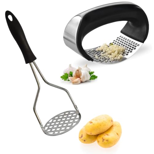 Kit Amassador de Batatas Purê Legumes Feijão Inox Manual e Espremedor Triturador Ralador de Alho Pre