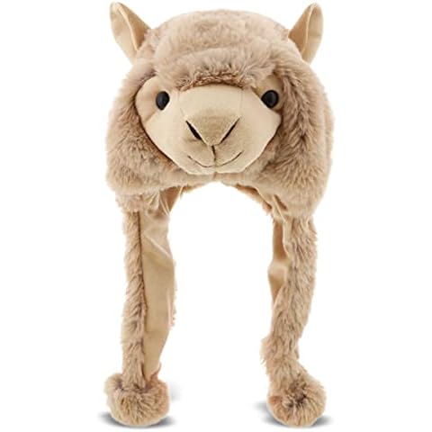 DolliBu Brown Llama Plush Hat - Super Soft Warm Fleece Hat with Ear Flaps, Cozy Winter Hat for Kids & Teens, Stuffed Animal Halloween Costume - One Size Cover