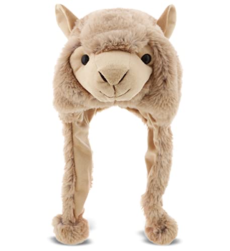 DolliBu Brown Llama Plush Hat - Super Soft Warm Fleece Hat with Ear Flaps Cozy Winter Hat for Kids & Teens Stuffed Animal Halloween Costume - One Size