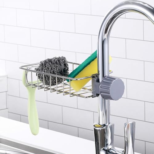 Image of Faucet Mounted Sponge Holder for Kitchen Sink - Stainless Steel Tap Storage Rack Organizer | Adjustable Clamp Basket for Scrubber, Soap, Dishwashing Accessories | Rust Proof (SS Caddy, Pack of 1)