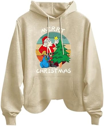 OCCOKO Navidad Santa Print Mujer Moda Casual Manga Larga Tops con Bolsillos Sudadera con Capucha