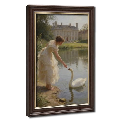 Vintage Oil Painting Victorian Lady Feeding Swan By Lake Near Manor Canvas Wall Art Decor Elegant Figure Scenery Canvas Poster For Living Room Bedroom Artworkf Mokume Gane Frame 12" L X 18" W