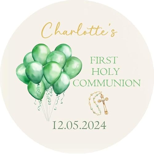 Five Star Party Supplies White Personalised First Holy Communion Stickers, Confirmations Stickers, Communion Party Favours, Green Balloon Design, Confirmation Party Bags, Communion 1St Holy Communion Party Bag
