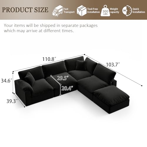 Image of 143 inch Cloud Modular Sectional Sofa,Black Down Filled Sofa 4 Seat with Chaise,Minimalist Sofa Cover Washable and Replaceable Couches for Living Room,Sectional Sofa Deep Seat