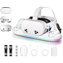 Charging Dock for Meta Quest 3/3S- Fast Charging Station Compatible with Oculus Quest 2/3/3S-VR Charging Accessories with RGB Light- Magnetic Charging Stand for Controller- 2 Rechargeable Batteries