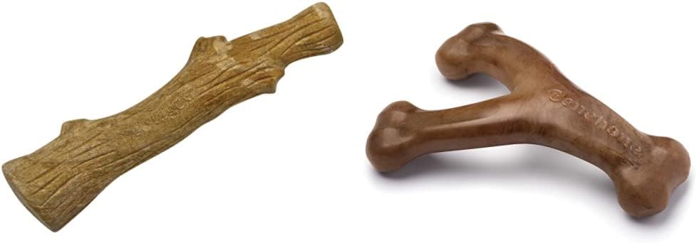 Petstages Dogwood - Juguete para masticar para perros alternativo de madera + Benebone Wishbone, juguete para masticar para perros con sabor a tocino duradero