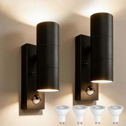 YOVGQOLV Motion Sensor Outdoor Wall Lights Up and Down, Incl. 4x5w 3000K GU10 Bulbs,Stainless Steel PIR Outside Light Mains Powered, IP54 Waterproof Front Door Lamp Porch, Black, 2 Pack