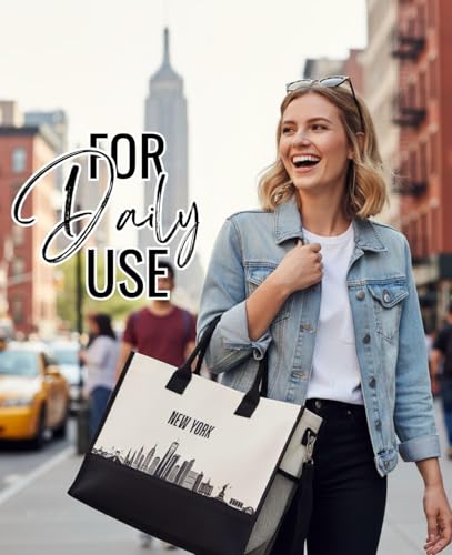 Image of InnoBeta New York City Skyline Gifts Canvas Tote Bag for NYC Lovers, Women, NYC Themed Gifts Bag with Top Zipper Closure and Shoulder Strap, Skyline Map Gifts or Birthday, Thanksgiving, Christmas