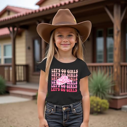 Image of MODNTOGA Toddler Girl Leopard Cowboy Hat Graphic Tshirt Retro Western Cowgirl Shirt Let's Go Girls Print Short Sleeve Tee Top