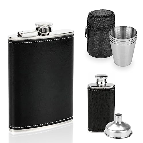 Petacas De Alcohol, 2 Piezas Petaca Acero Inoxidable Con 4 Tazas Y Embudo, Portátil Cuero Petacas, Petaca De Acero Inoxidable, Frasco De Whisky, Frasco De Cadera Para Exteriores, Camping, Senderismo
