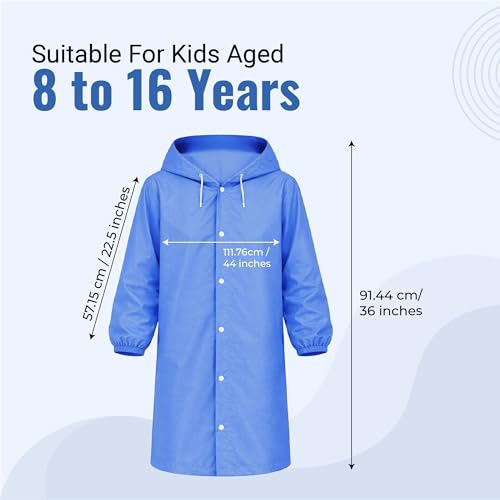 Image of Robustt Kids Eva Raincoat for Boys & Girls (8-16 Years) with Full Sleeves with Elastic Cuff | Unisex Hooded Kids Rain Coat with Drawstring | Reusable Raincoat with Snap Button Closure | Knee Length