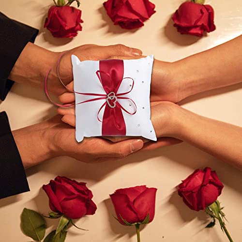 Tyenaza Wedding Ring Pillow, 8 x 8 Inch Wedding Ring Bearer Pillow Red Ring Holder Pillow Cushion with Bowknot Stain Double Hearts Diamonds for Wedding Ceremony