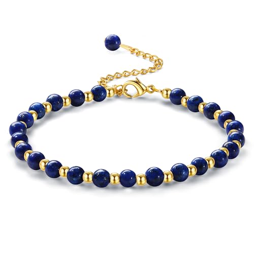 Adramata Bracelet Pierre Naturelle Femme - Bracelets en Pierre Naturelle de 5MM et Bracelet de Perles en Acier Inoxydable de 3MM - Bracelets Plaqués Or - Bracelet Bohème en Cristal pour Femme - Cadeau