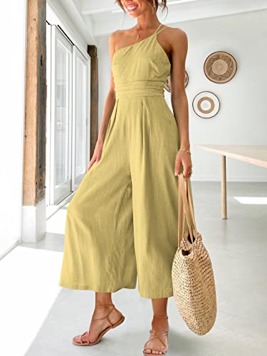 Prinbara Women's Summer One Shoulder Jumpsuits Dressy Linen Wide Leg Sleeveless High Waist Casual Vacation Outfits One Piece Jumpers Rompers With Pockets 5Pa02-Huangse-S #TOP1