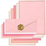 50 Pack Colored Stationery Set, 5 Colors #10 Business Envelopes, 50 Sheets 8.5x11 Paper Sheet and Gold Stickers for Office, Letters, Invitations (Pink)
