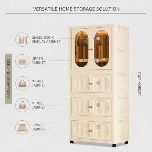 Image of Mevigo 4-Door Plastic Wardrobe for Kids| Almirah and Wardrobe for Baby Clothes| Modular Storage Cabinet with Wheel Organizer for Cupboard Rack for Clothes /Shoes /Books /Toy -White-DL1624
