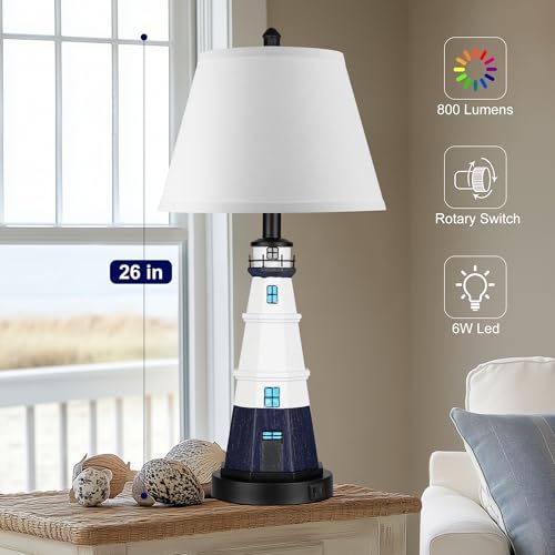 WIHTU Modern Lighthouse Table Lamps Set of 2, White Navy Blue Bedside Nautical Table Lamp, Nautical Style Resin Reading Lights for Bedroom Livingroom, Bulbs Included - Image 2