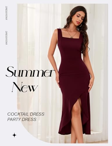 Image of Dressystar 2026 Women's Square Neck Bodycon Sleeveless Cocktail Dresses | wedding guest dresses for women, midi length, formal party dress, soft breathable stretchy material, slit ruffle hem design