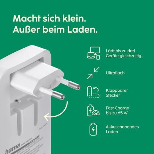 Hama USB C, Schnellladegerät GaN 65 Watt, 2X USB-C, 1x USB-A, klappbar – Ansicht 2
